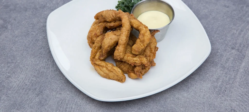 Golden fried chicken tenders, dipping sauce, and green garnish on a plate.