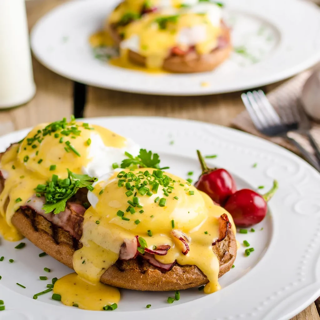 Two plates of Eggs Benedict with ham, hollandaise, chives, and chili peppers.