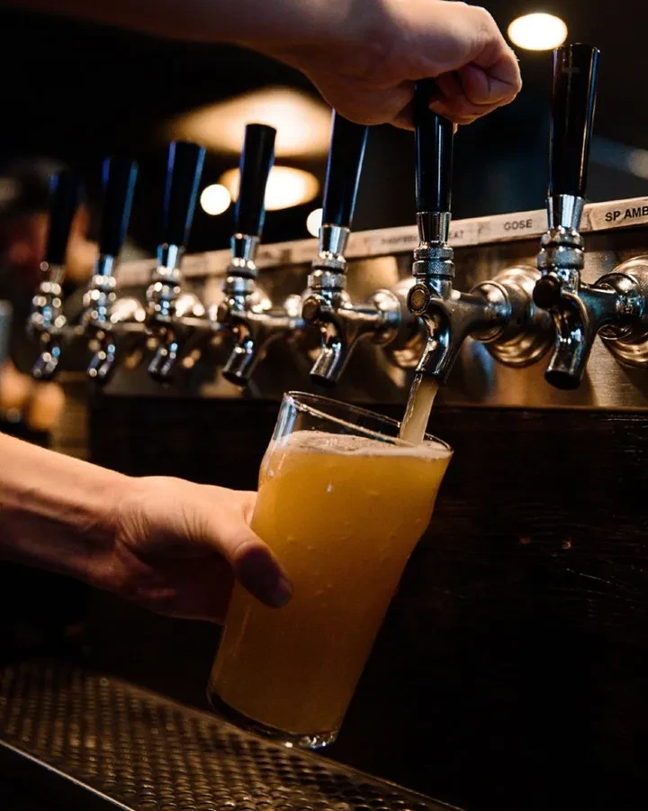Hands fill a pint glass with beer from a row of taps.