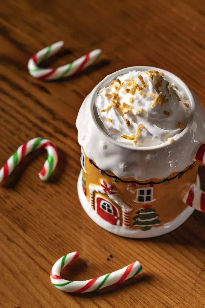 Festive drink in a gingerbread house mug with whipped cream and candy canes.