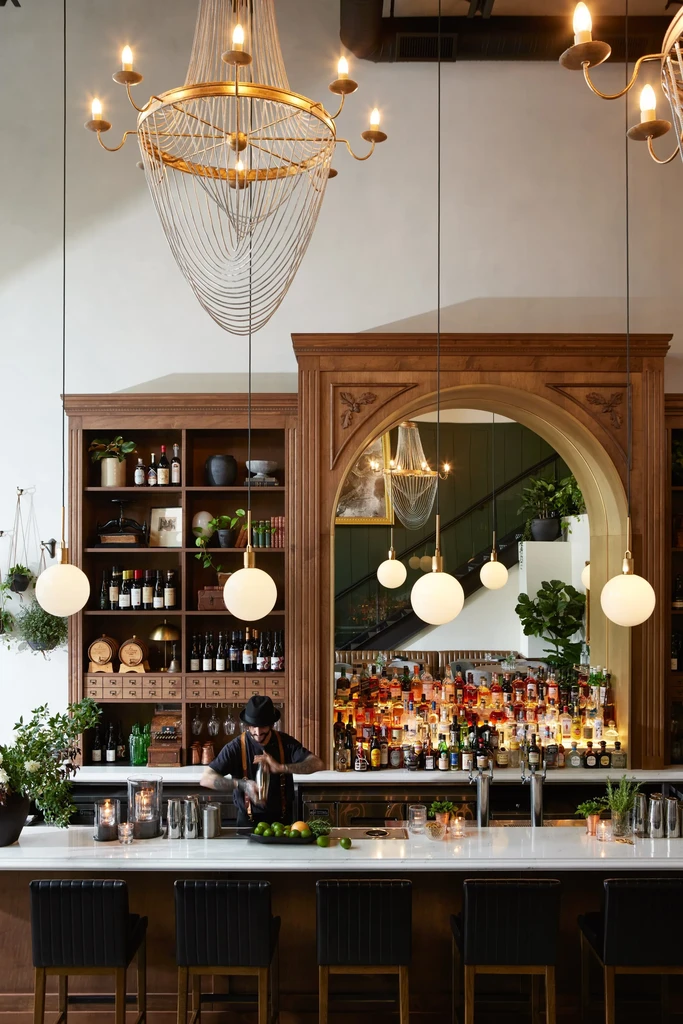 Bartender shaking a cocktail in an ornate, upscale bar.