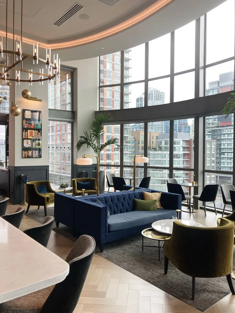 Bright, modern lounge with city view, velvet sofa, and armchairs.