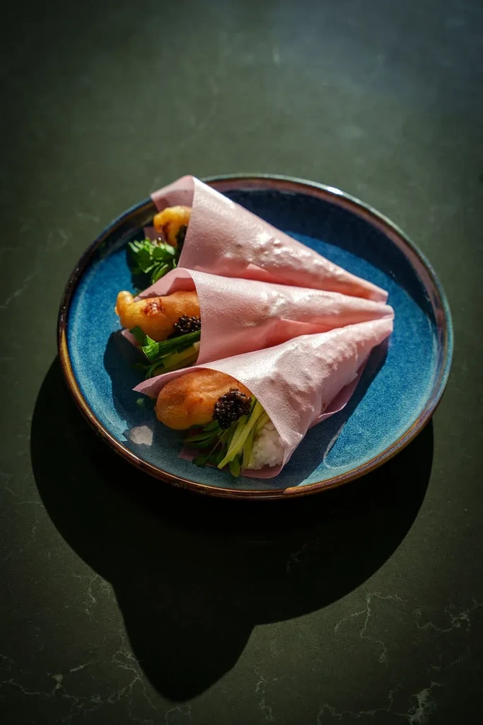 Three pink-wrapped fried food cones with caviar on a blue plate.