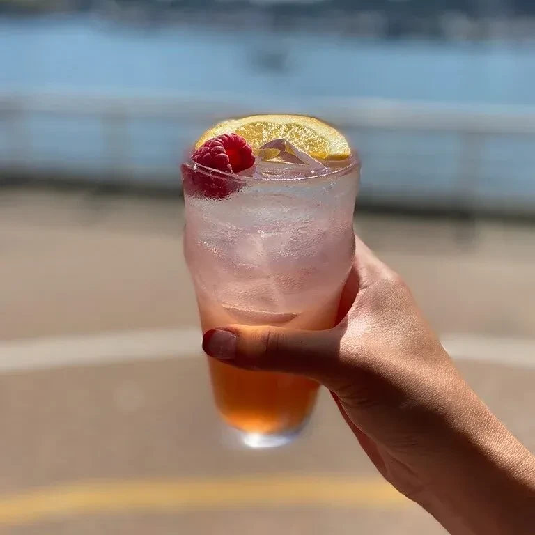 Hand holds layered pink and orange iced drink garnished with raspberry and citrus.