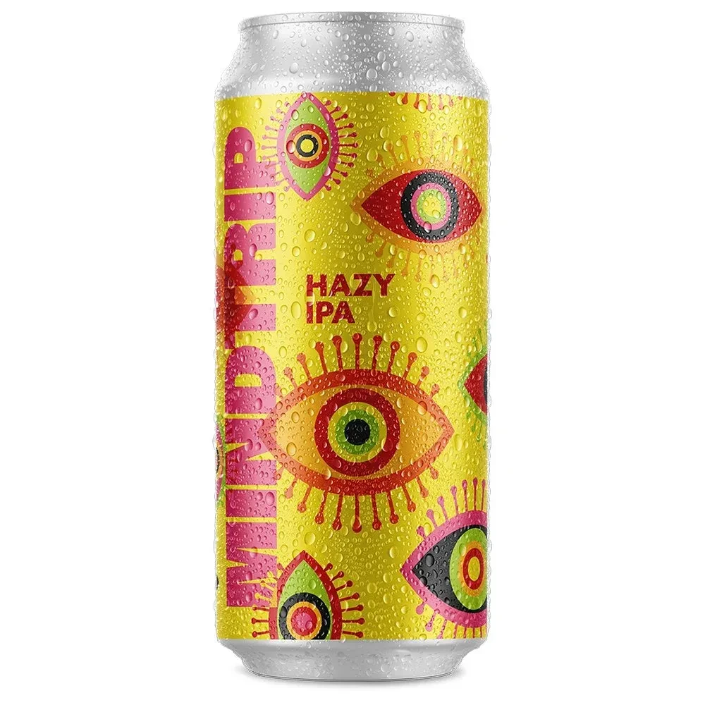 Can of MINDRIP Hazy IPA, yellow label, condensation, stylized eyes.