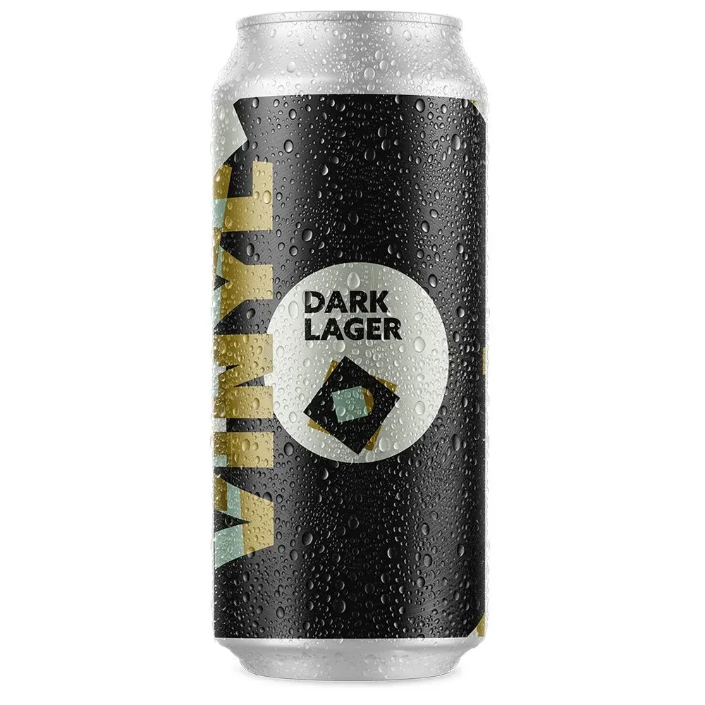 Beer can with black label, water droplets, geometric shapes, 'DARK LAGER'.