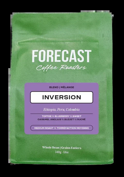 Matte green Forecast coffee bag with Inversion blend label.