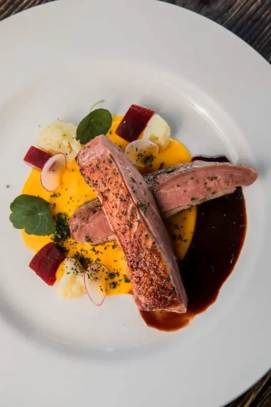 Expertly plated seared duck breast with purée, garnishes, and sauce.