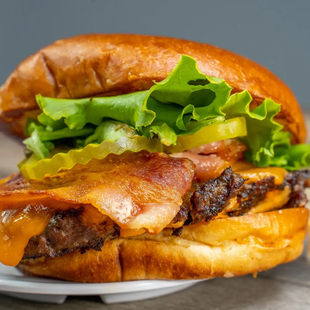 A burger with brioche bun, lettuce, pickles, bacon, beef, melted cheddar.