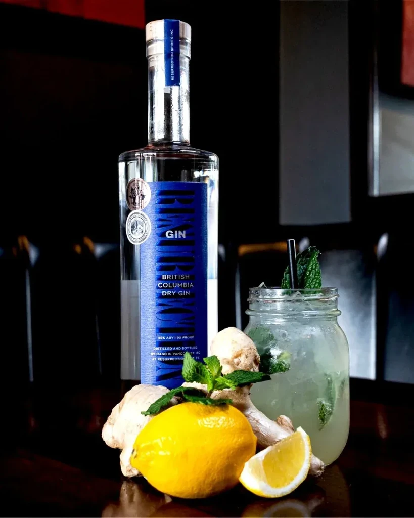 BC Gin bottle, garnished drink, fresh lemon, ginger, and mint.