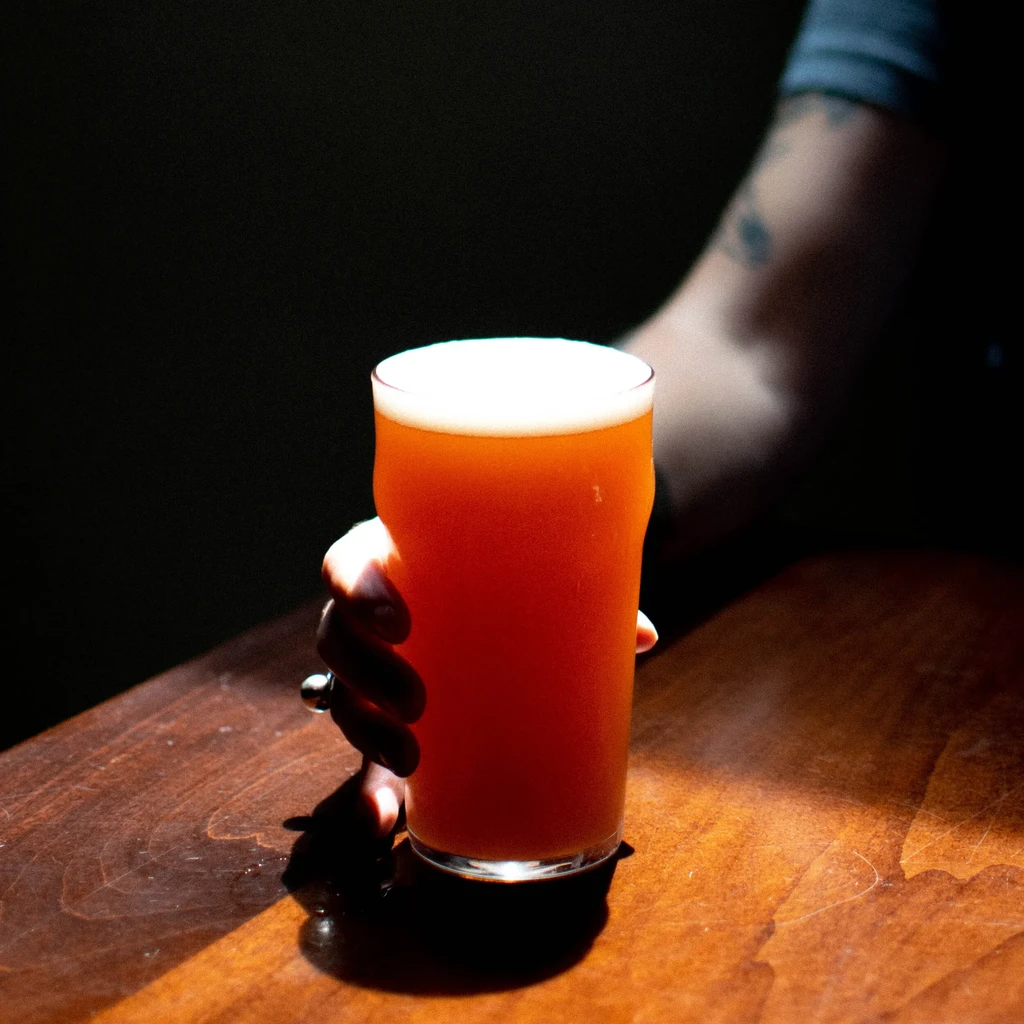 Hand holding a frothy pint of amber beer in a dim bar.