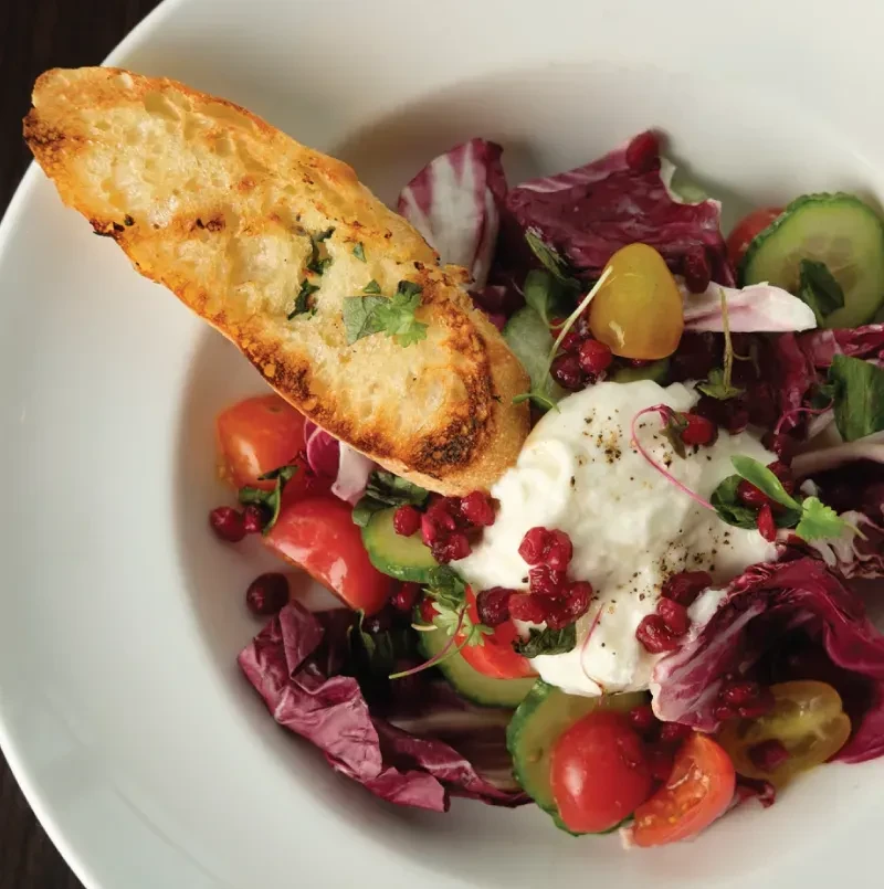 Colorful salad with burrata cheese, tomatoes, cucumber, and toasted baguette.