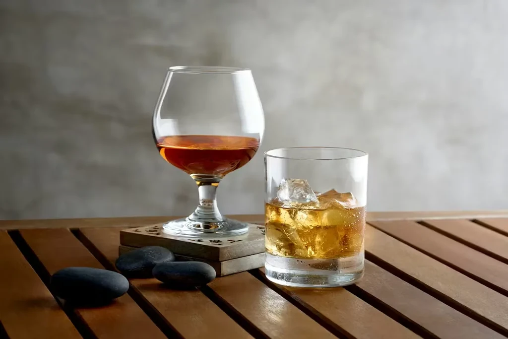Snifter and whiskey glasses on a wooden table with decorative stones.
