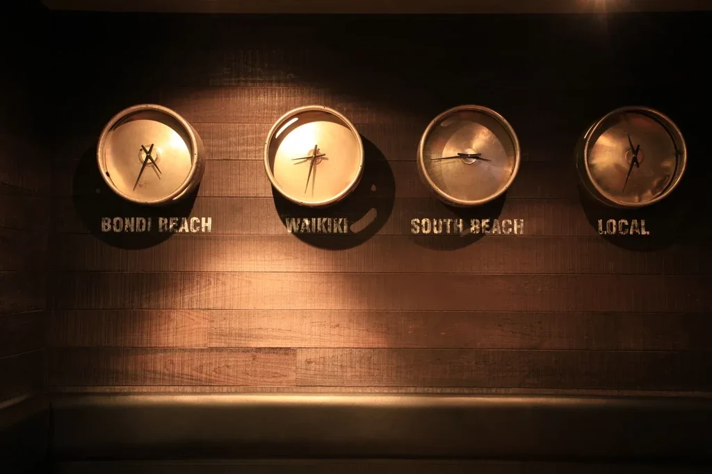 Four metallic clocks labeled with locations on a dark wood wall.