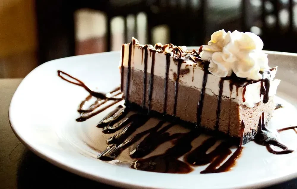 Layered chocolate dessert slice with chocolate drizzle and whipped cream.