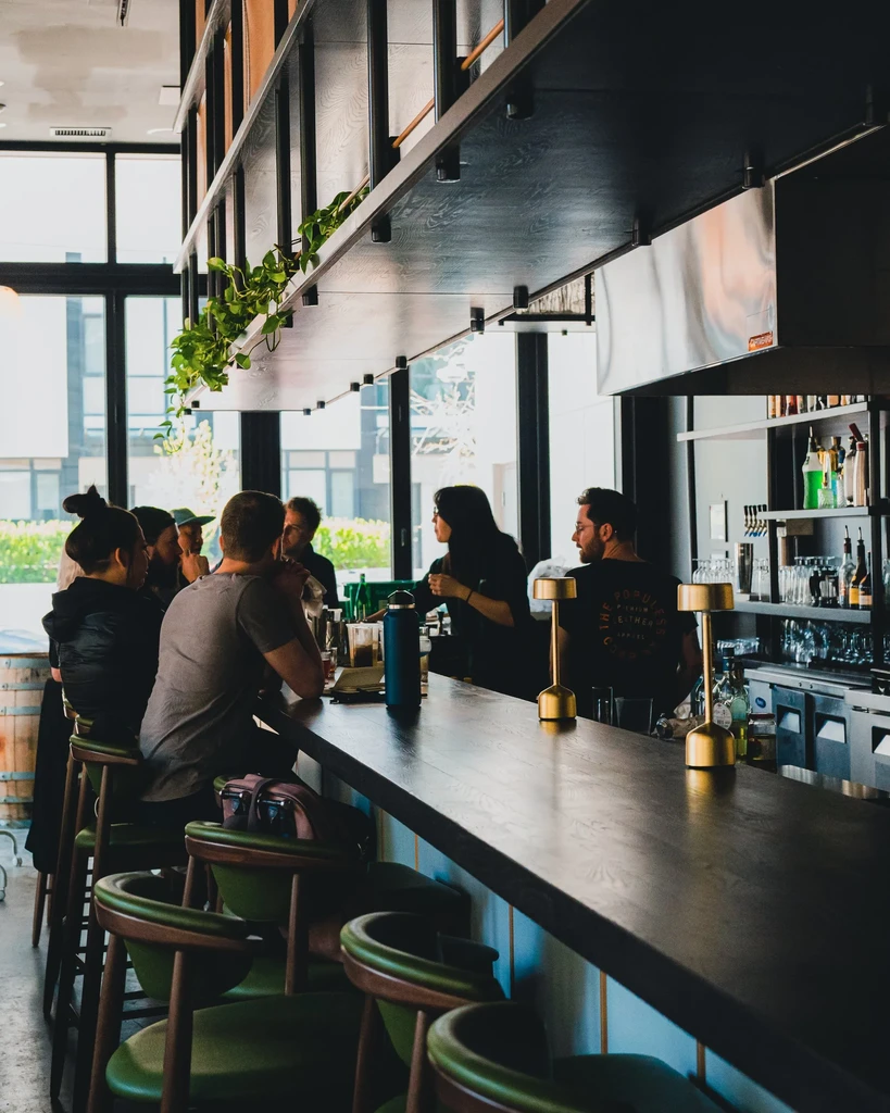 Modern bar with patrons at dark wood counter, green plants, windows.
