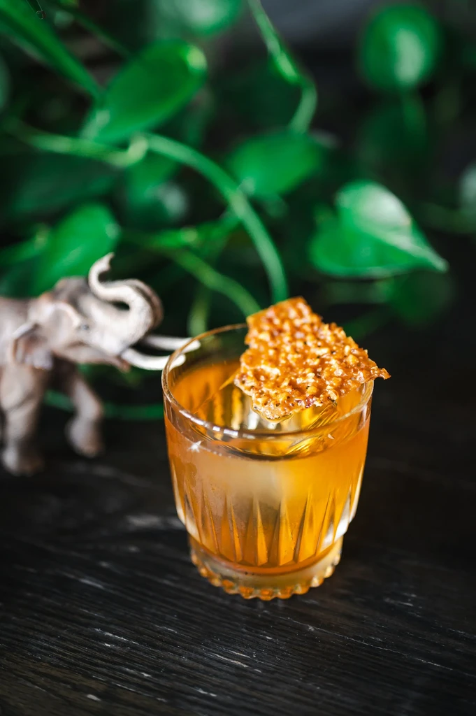 Amber cocktail in cut-glass tumbler with brittle, elephant, and foliage.