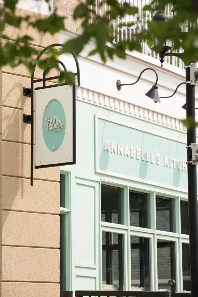 Annabelle's Kitchen exterior, mint green facade with white letters and large windows.