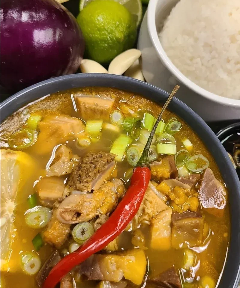 Hearty bowl of meat and offal stew with green onions and chili.