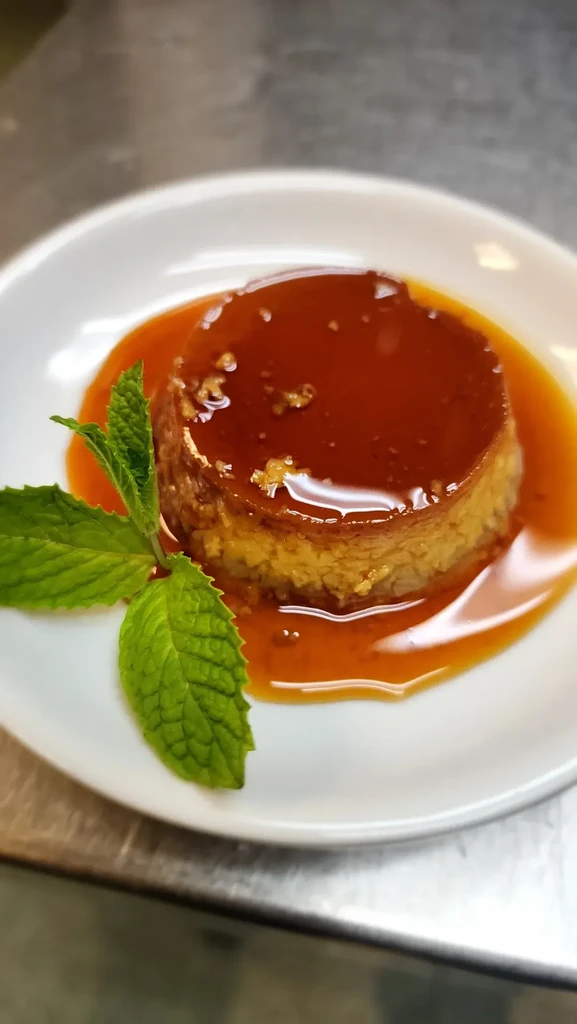 Close-up flan with glossy caramel sauce and a mint sprig.