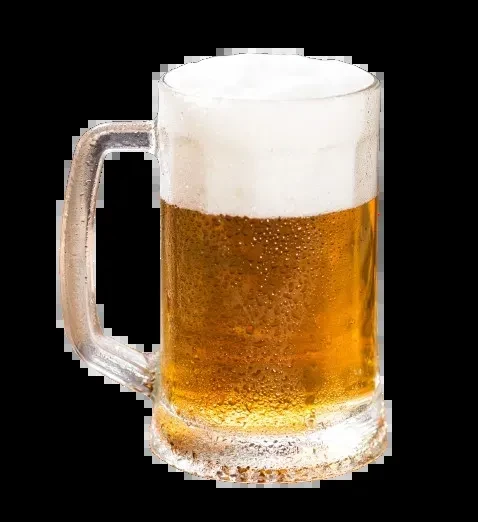 Cold glass beer mug with golden beer, white foam, and condensation.