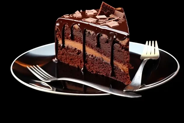 Layered chocolate cake slice with ganache, chocolate shavings, fork, and knife.