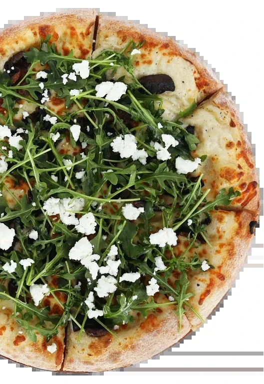 Sliced pizza topped with arugula, white cheese, and dark olives.