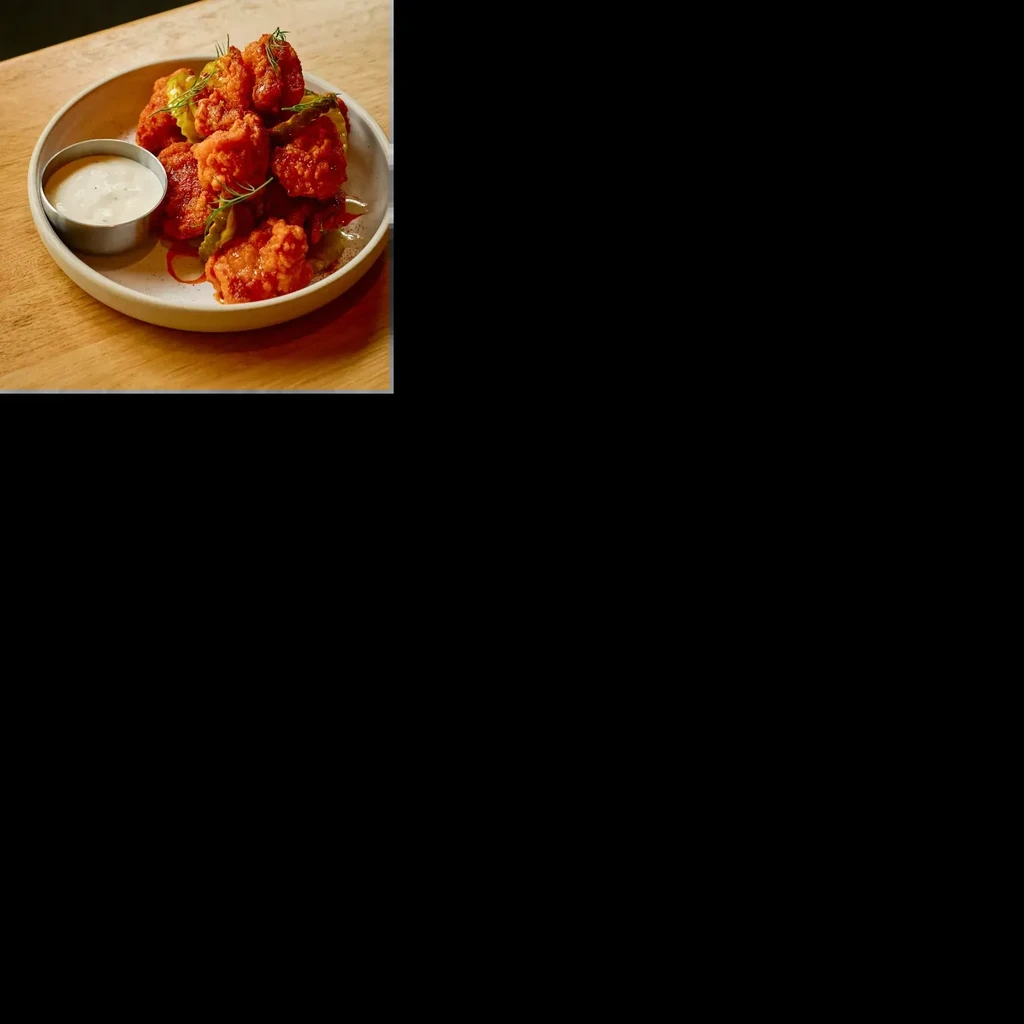 Close-up of fried items with reddish-orange sauce, green garnish, and dip.
