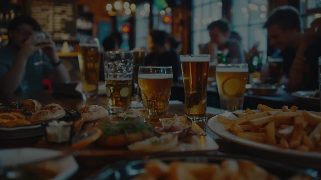 Low-angle view of beer, food, and blurred patrons in a restaurant.