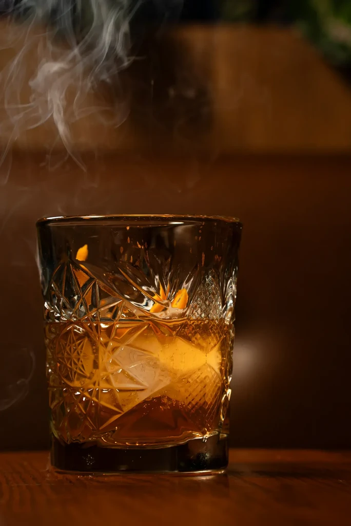 Amber drink in cut glass with ice, orange peel, and smoke.