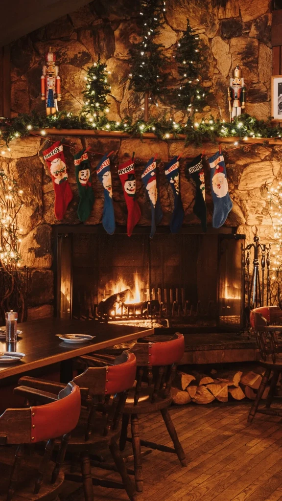 Festive stone fireplace with a roaring fire, garland, and nine named stockings.