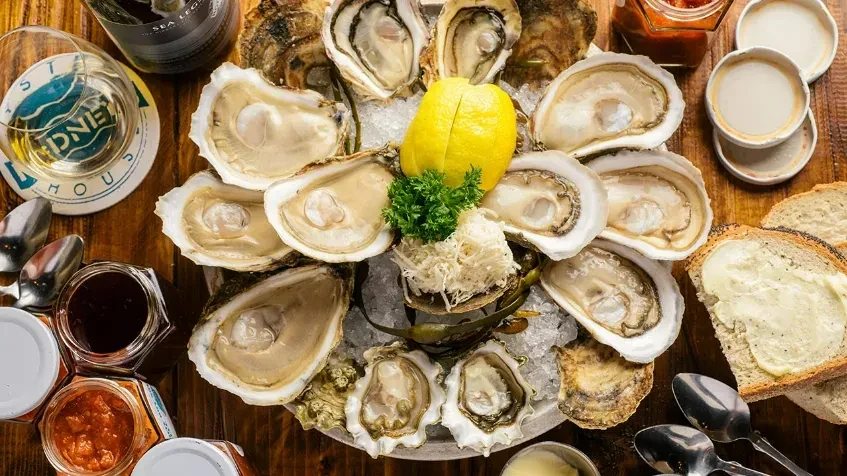 Overhead: Oysters on ice with lemon, parsley, sauces, bread, and wine.