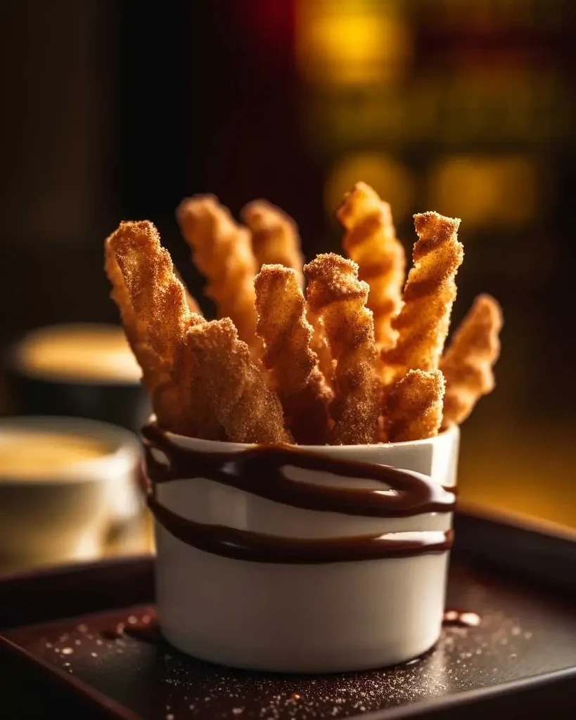 Close-up of golden brown churros with cinnamon sugar in a white ramekin.