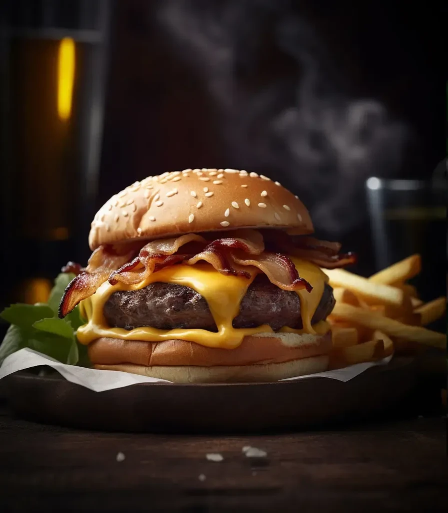 Steaming bacon cheeseburger with melted cheese, fries, and a beer.