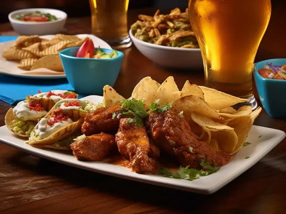 Platter of buffalo wings, tacos, chips, and beer on a dark wooden table.