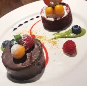 Two plated dark chocolate and red velvet desserts with fruit and sauces.