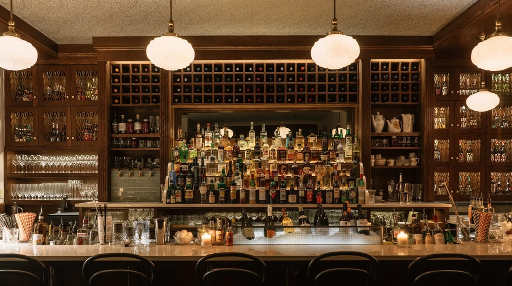 Well-appointed bar with illuminated liquor bottles, a wine rack, and bar tools.