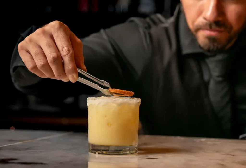 Bartender's hands garnish a frosted yellow drink with salted rim.