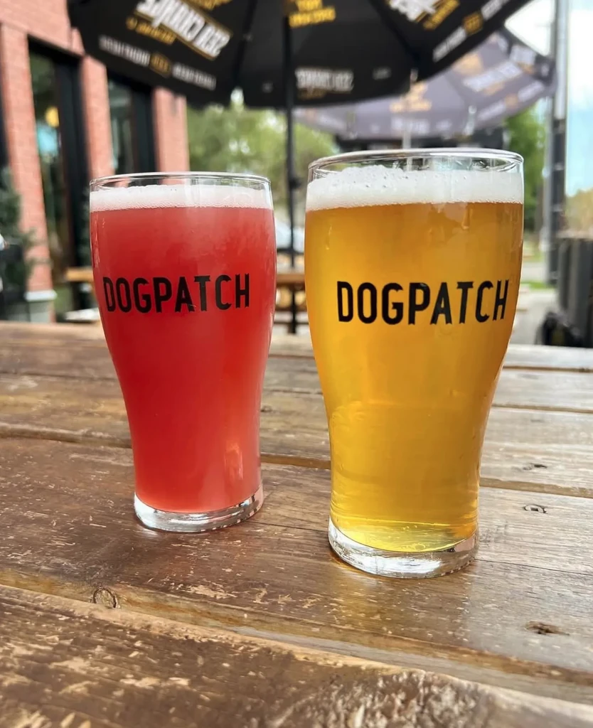 Two Dogpatch beverages, red and golden, on a rustic outdoor table.