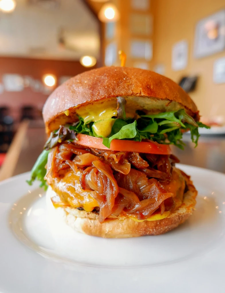 Close-up of a gourmet beef burger with melted cheese and caramelized onions.