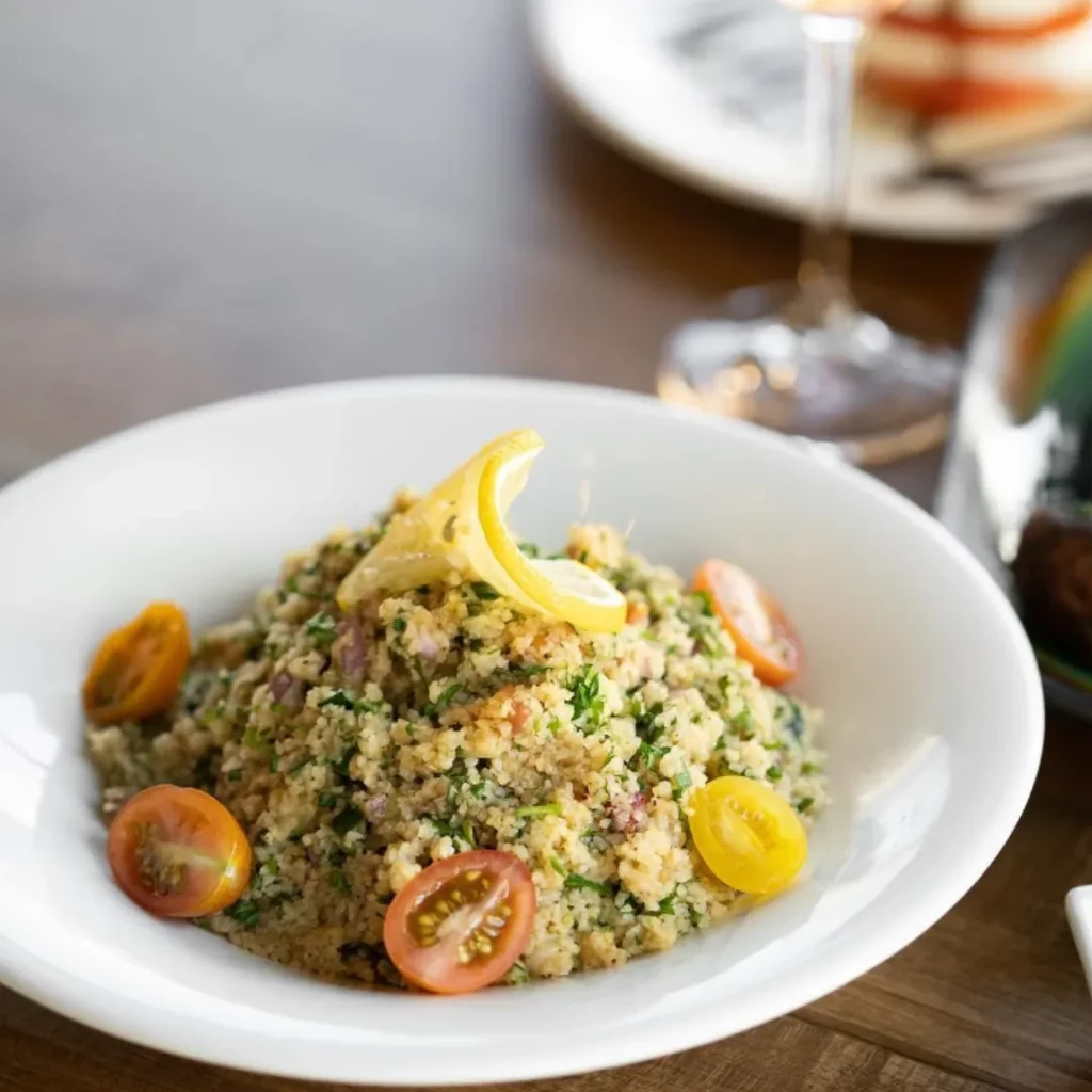 Grain salad with herbs, tomatoes, and lemon slice in a white bowl.