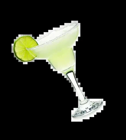 Pale green margarita with salted rim and lime wedge on black.
