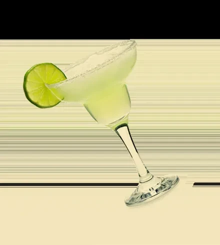 A light green margarita cocktail, tilted with salted rim and lime.