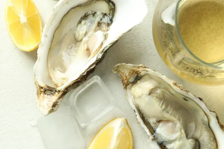 Freshly shucked oysters on ice with lemon and sparkling wine.