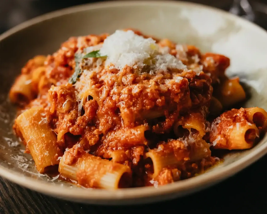 Close-up of tubular pasta with meat sauce, grated cheese, and green herb.