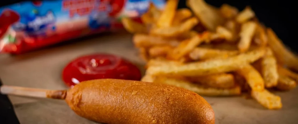 Close-up of a golden corn dog, ketchup, and crispy fries.