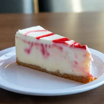 A creamy cheesecake slice with red berry topping on white plate.