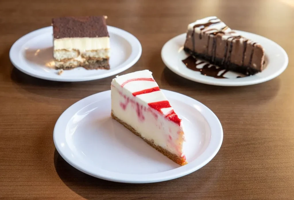 Cheesecake, tiramisu, and chocolate dessert slices on a wooden table.