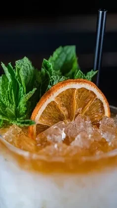 Close-up of a drink with crushed ice, dried orange, mint, and straw.