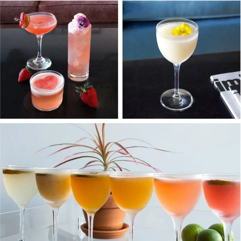 Collage of three photos featuring various colorful garnished cocktails.